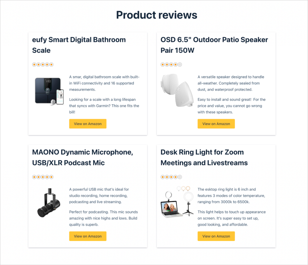 A grid of product reviews with buttons to purchase the product on Amazon