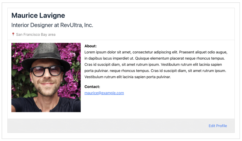 A user profile with image, job title, name, location, bio, contact email