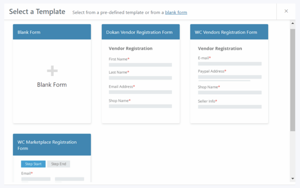 A modal that says 'Select a template", with various form templates to choose from