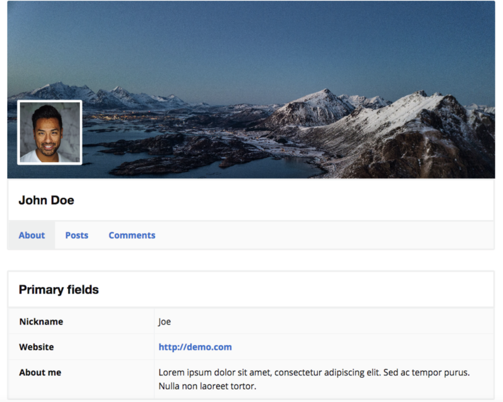 A user profile page which includes an image, a background image, a name, and an 'about' section