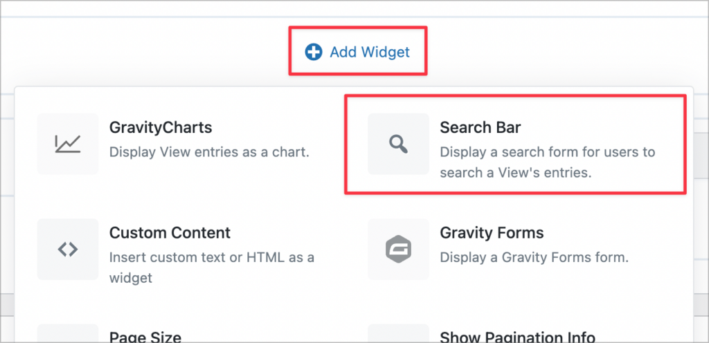 The 'Add Widget' button in the GravityView editor, with a list of widget to choose from; the 'Search Bar' widget is highlighted