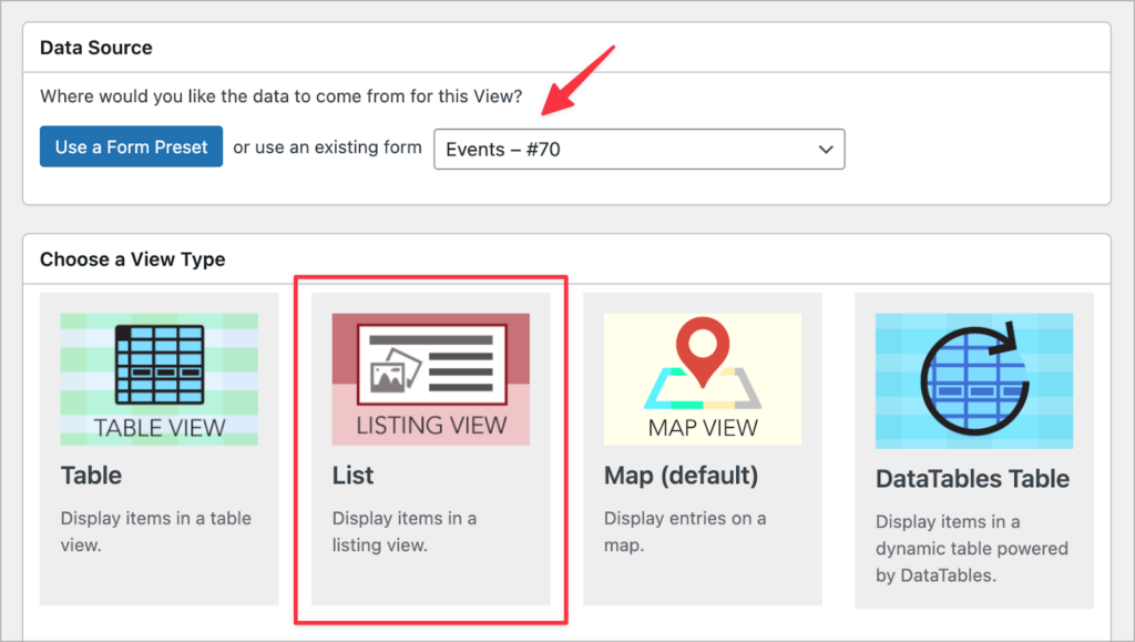 View configuration in GravityView—selecting a form as the data source, and choosing a layout