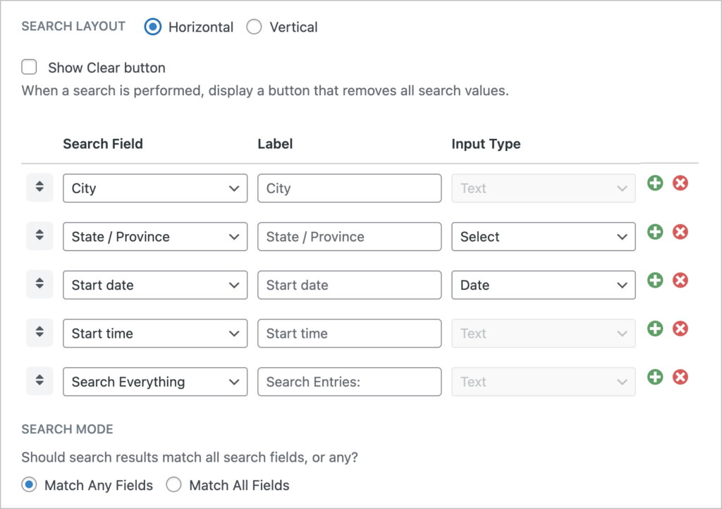 The GravityView search widget settings