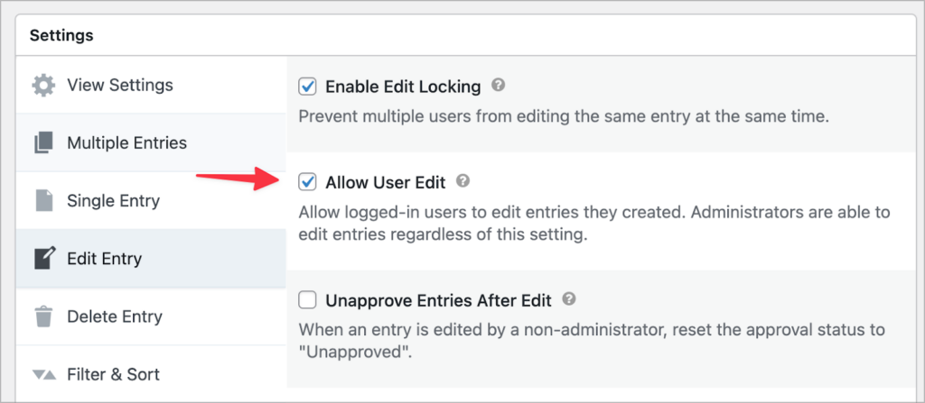 A checkbox labeled 'Allow User Edit', located in the GravityView settings
