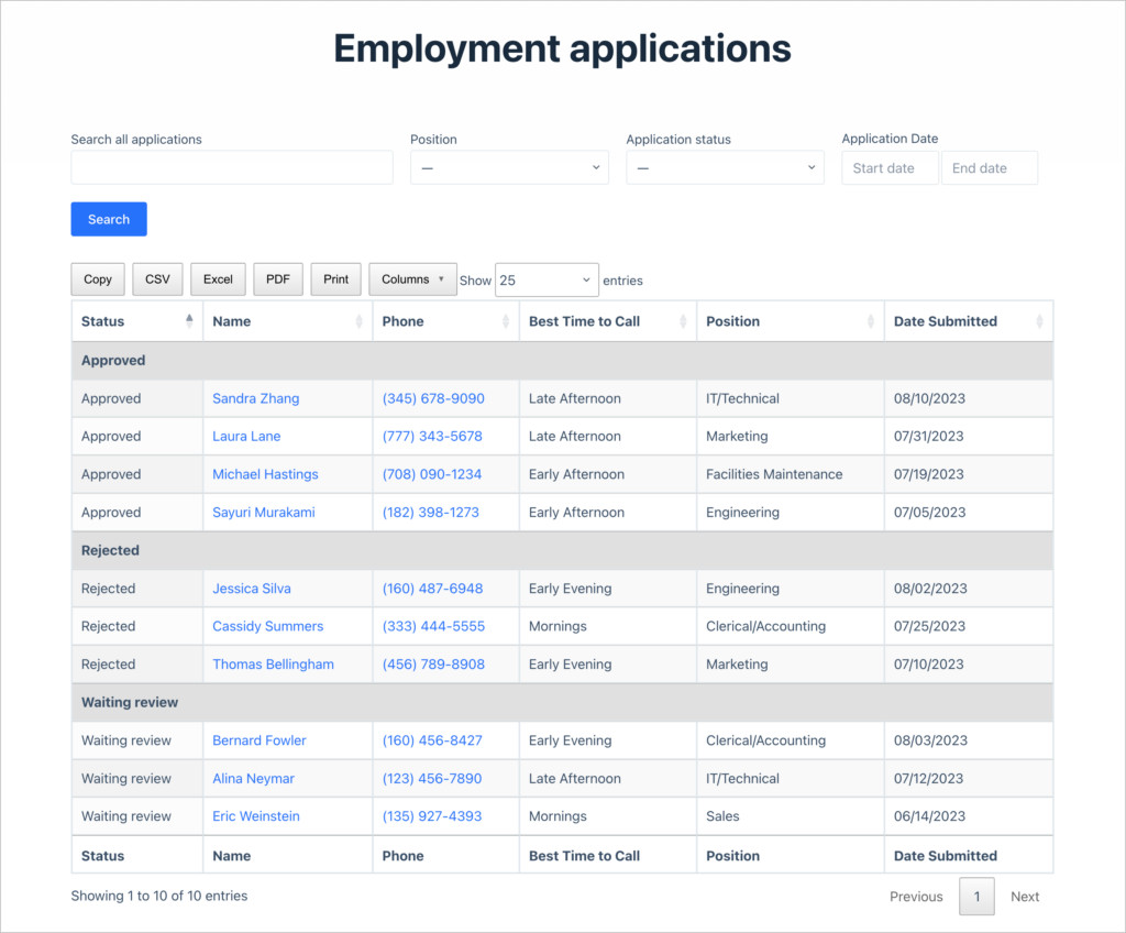 A table of job applications sorted by approval status