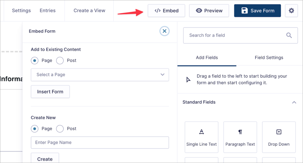 The 'Embed' button at the top of the Gravity Forms editor