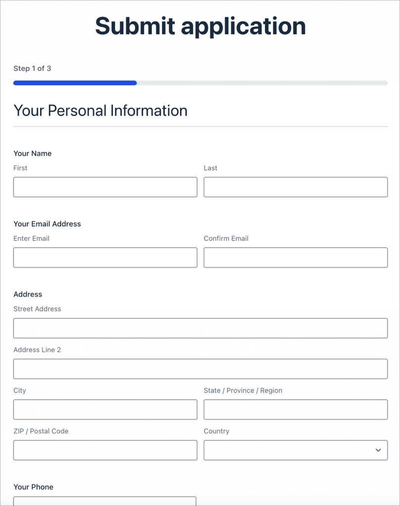 A job application form built using Gravity Forms