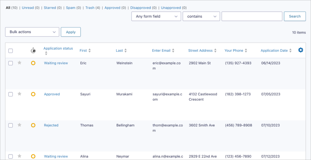 The 'Entries' page in Gravity Forms, showing a list of job application submissions