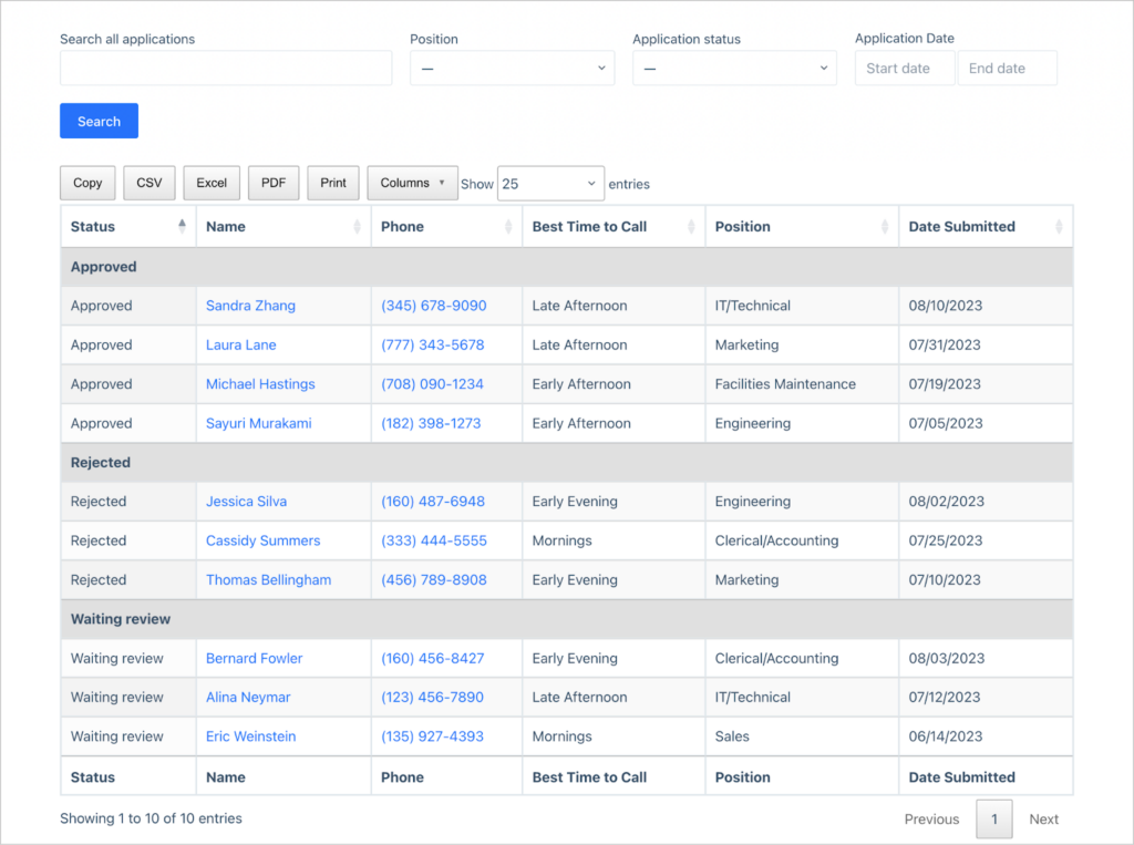 A table containing job applications grouped by status. There is a search bar on top allowing users to search by position, application status or date.