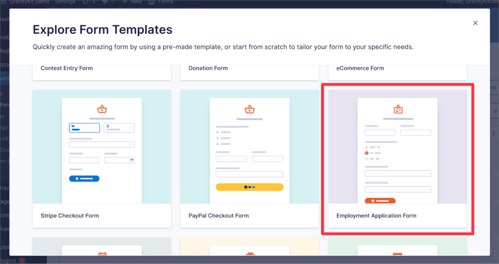 The Employment Application Form template in Gravity Forms