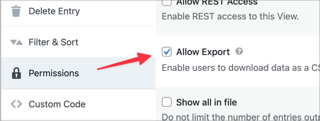 A checkbox labeled 'Allow Export' in the GravityView Permissions settings