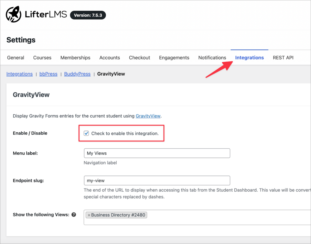 The 'Integrations' tab in the LifterLMS settings