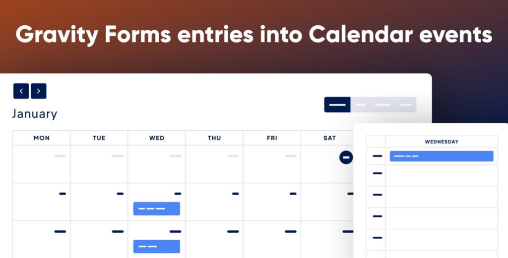 A graphic showing a calendar. Above it reads 'Gravity Forms entries into calendar events'.