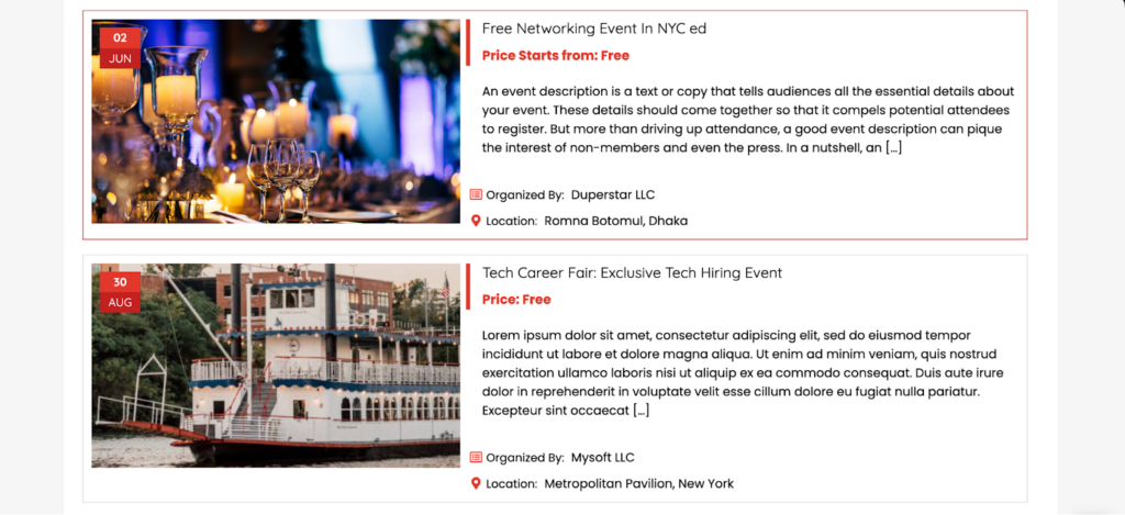 A list of events; shown in an image, the title, price, description, organizer, and location