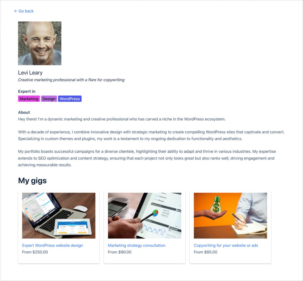 A freelancer profile page showing an image of the freelancer, their skills, a short bio, and a list of services they offer