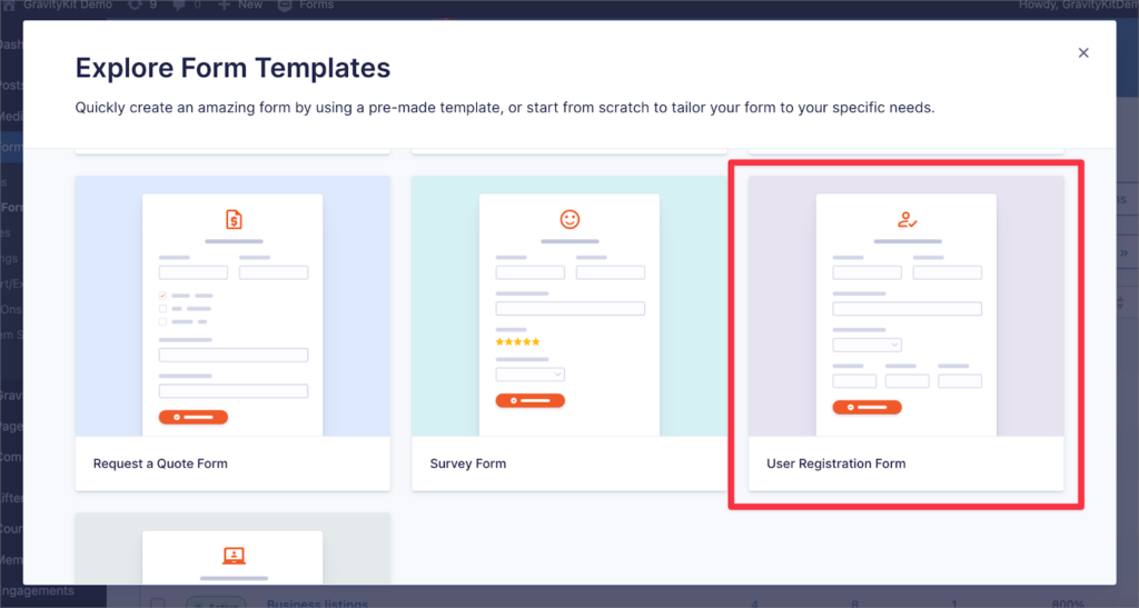 Gravity Forms templates; the User Registration Form template is highlighted in red.