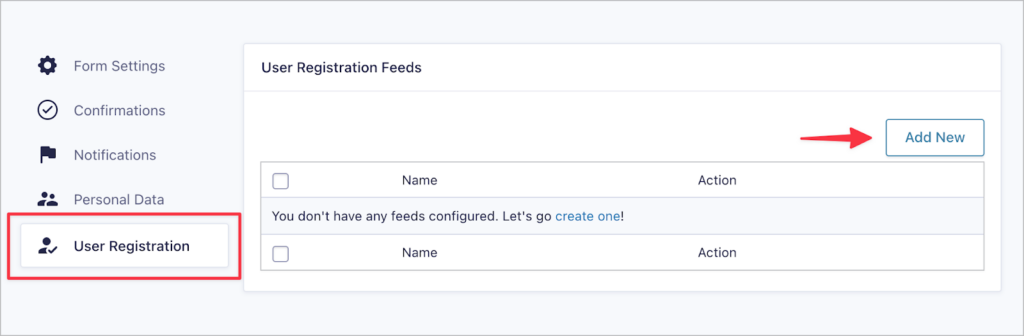 An arrow pointing to the 'Add New' button on the 'User Registration' feed page