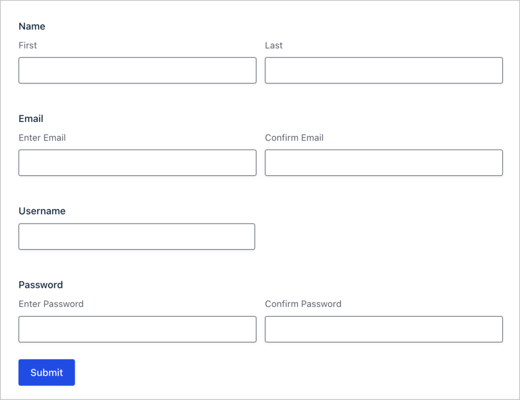 A form with fields for Name, Email, Username, and Password