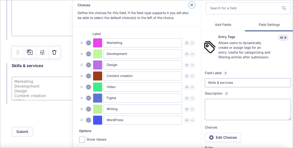 The field settings for the 'Gravity Forms Entry Tags' field, showing the tag choices.