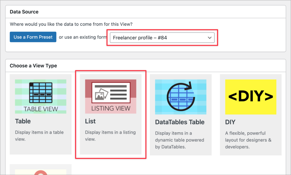 The View configuration screen for new Views in GravityView; the 'Data source' dropdown is highlited, and so is the "List" View type.