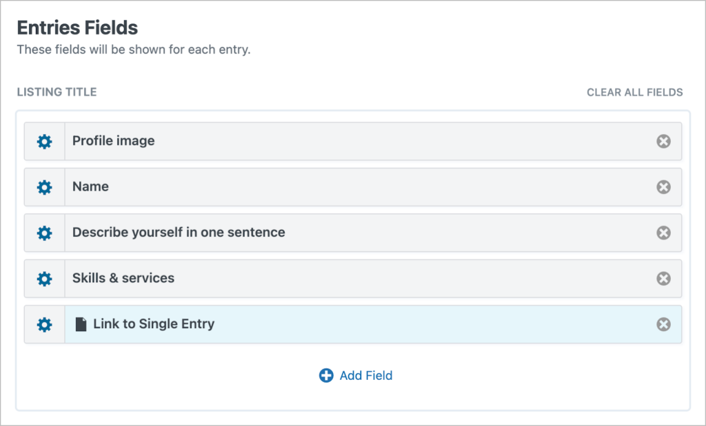 The 'Entries Fields' section of the View editor; There are 5 fields added.