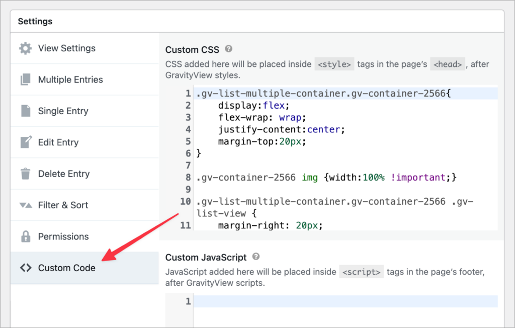 The 'Custom Code' tab in the GravityView settings