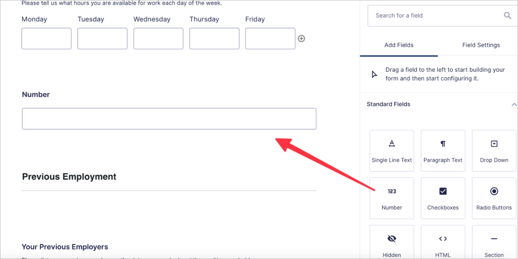 The 'Number' field type in the Gravity Forms editor sidebar