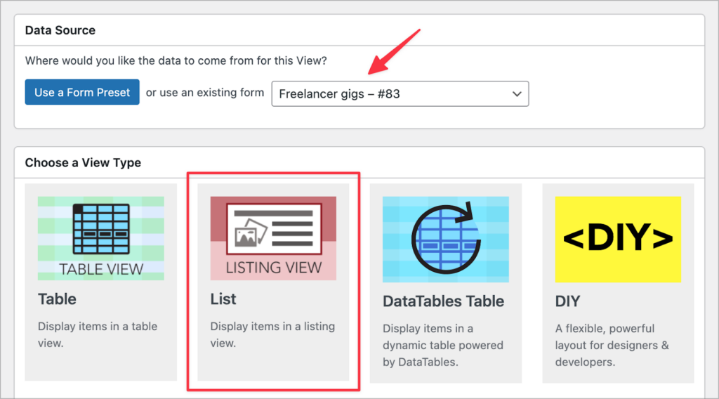 The View configuration screen; there's an arrow pointing to the 'data source' dropdown, and the "List" View type is highlighted