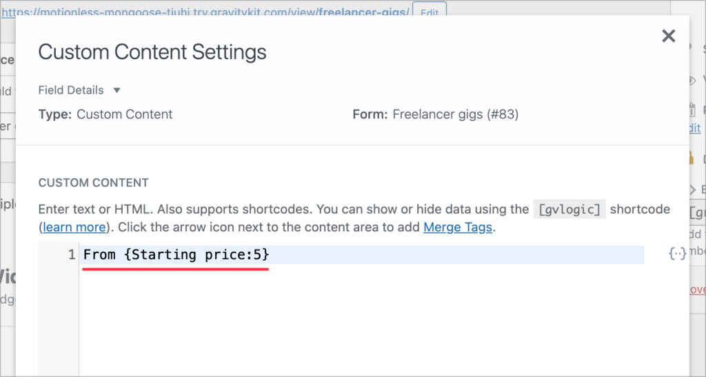 The Custom Content text editor; the 'Starting price' merge tag is inside.