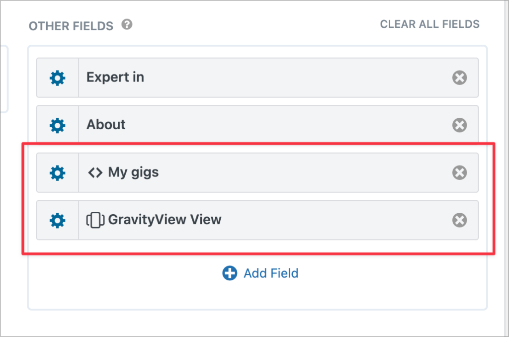 The 'Other Fields' section of the View editor; two fields are highlighted–'My gigs', and 'GravityView View'