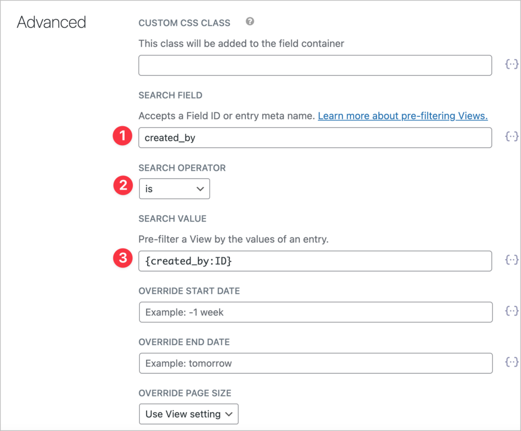 The Advanced settings for the GravityView View field settings