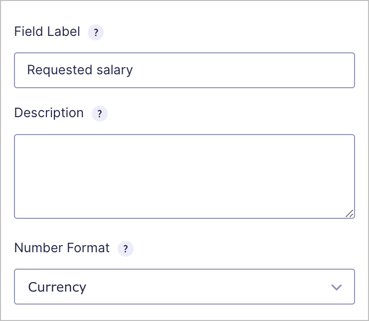 Field setting inputs for the label, and number format