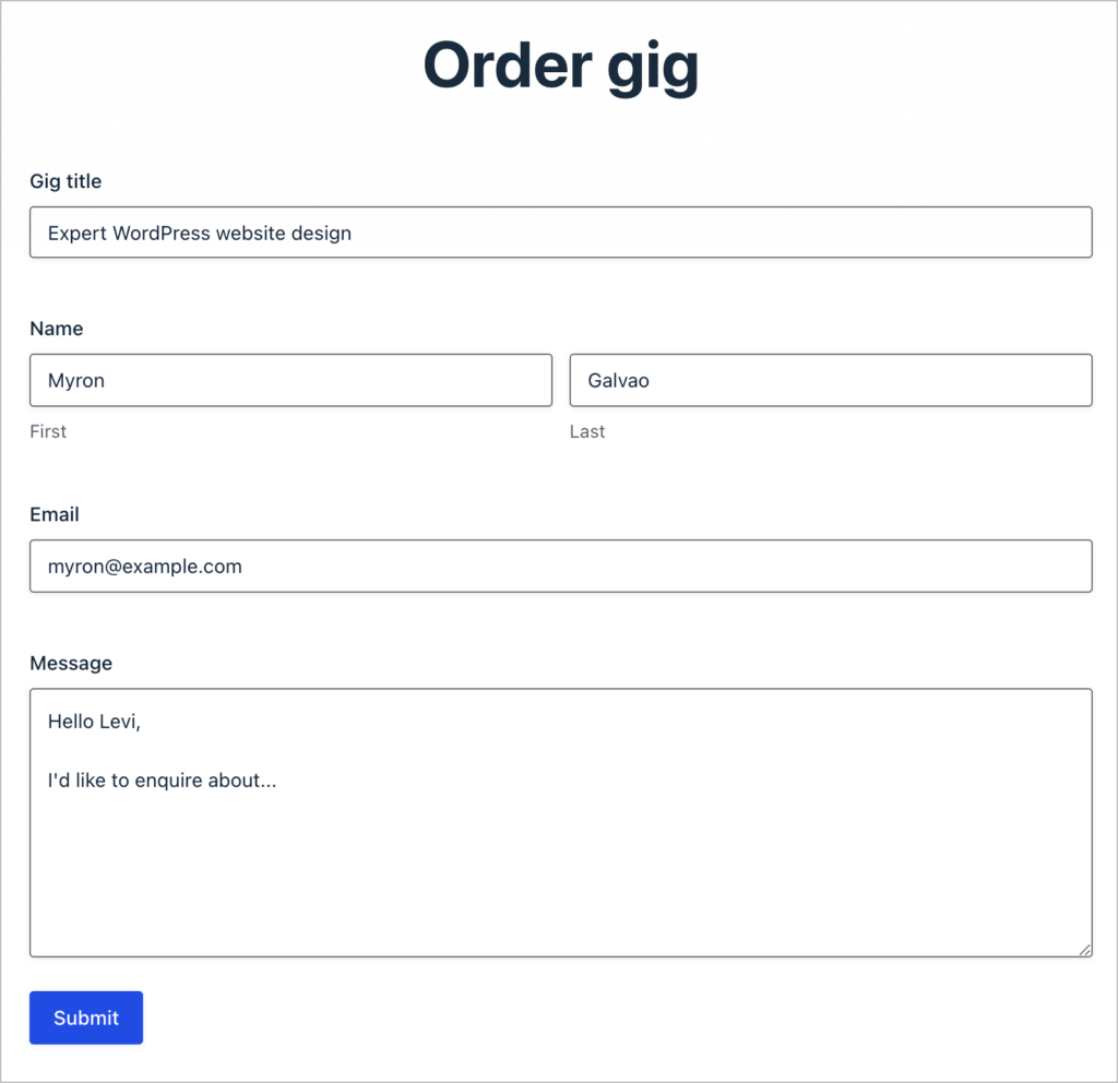 A form titled 'Order gig'; There are fields for Name, Gig title, Email and Message