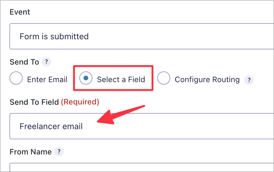The notification settings; the 'Send To Field' is set to the 'Freelancer email' field