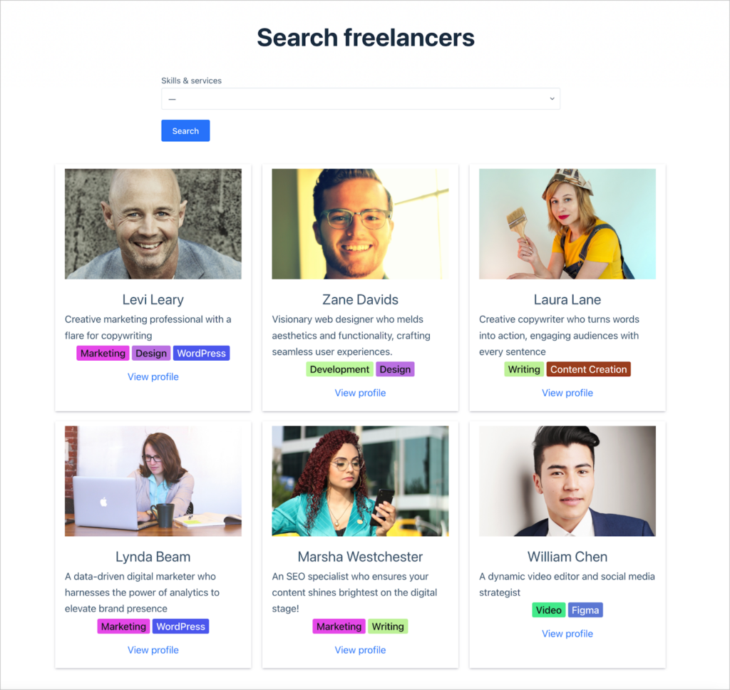 A grid of freelancer profiles; you can see the name of the freelancer, along with a short description, and a list of their skills and services