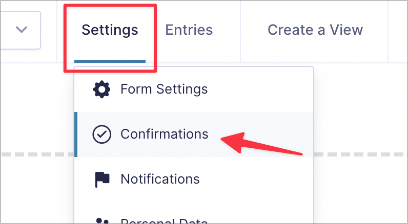 A link titled 'Confirmations' underneath the 'Settings' link in Gravity Forms