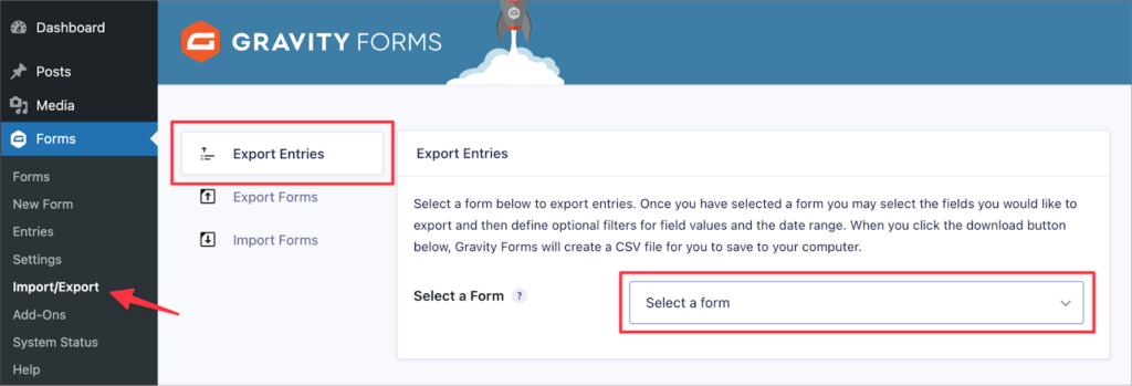 The 'Import/Export' page in Gravity Forms; the 'Export Entries' tab is highlighted, and so it the 'Select a Form' dropdown