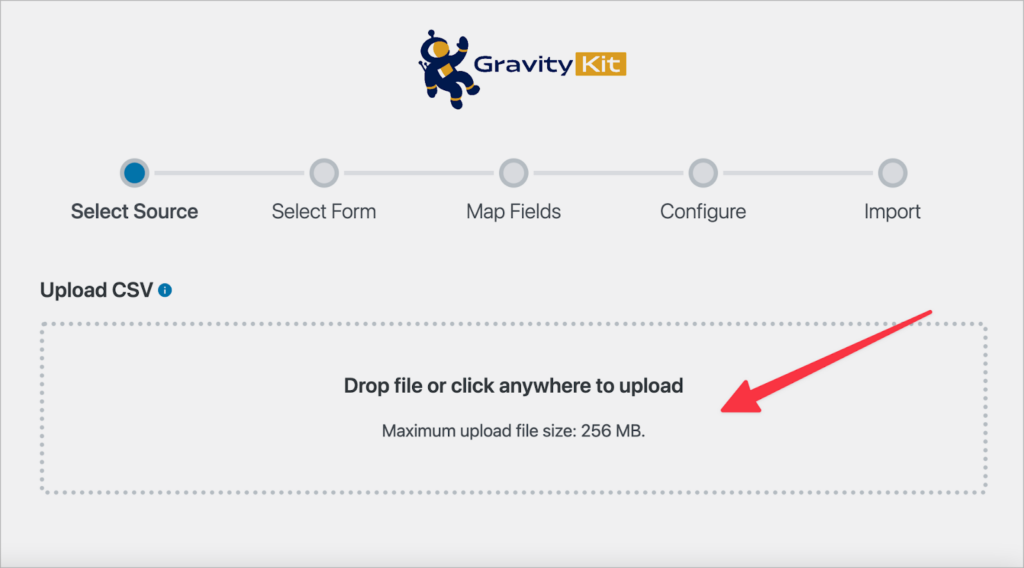 The GravityImport screen; there is a box titled 'Drop file or click anywhere to upload'