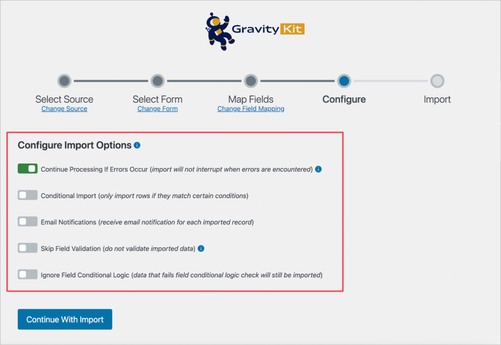 Import options for importing entries using GravityImport