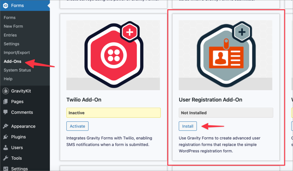 The Gravity Forms Add-Ons page in WordPress; the User Registration Add-On is highlighted