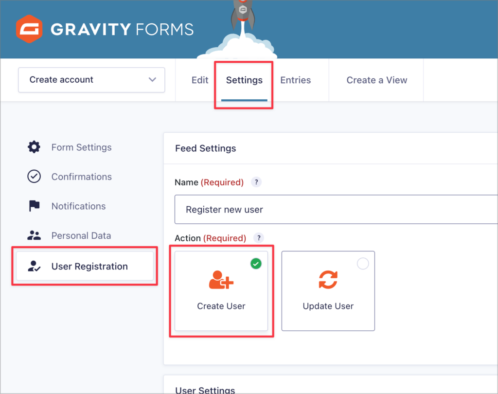 The User Registration feed page in the form settings in Gravity Forms; the action is set to 'Create User'