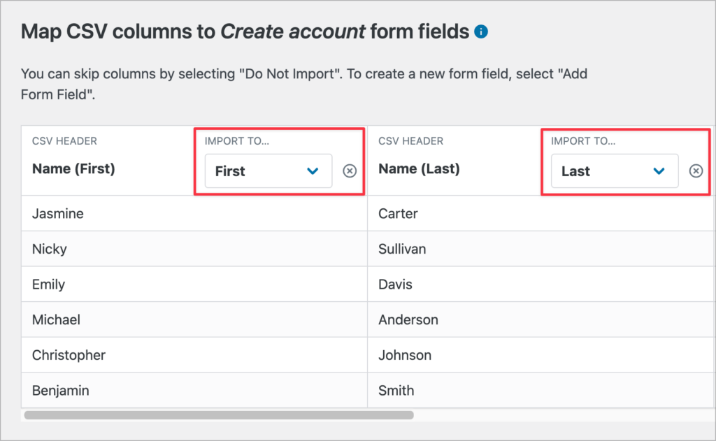 Mapping form fields in GravityImport. The dropdown fields for selecting form fields are highlighted.