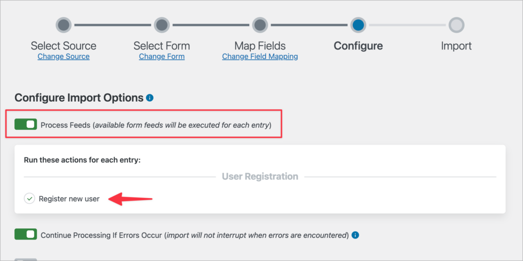 A toggle labeled 'Process Feeds' in GravityImport.