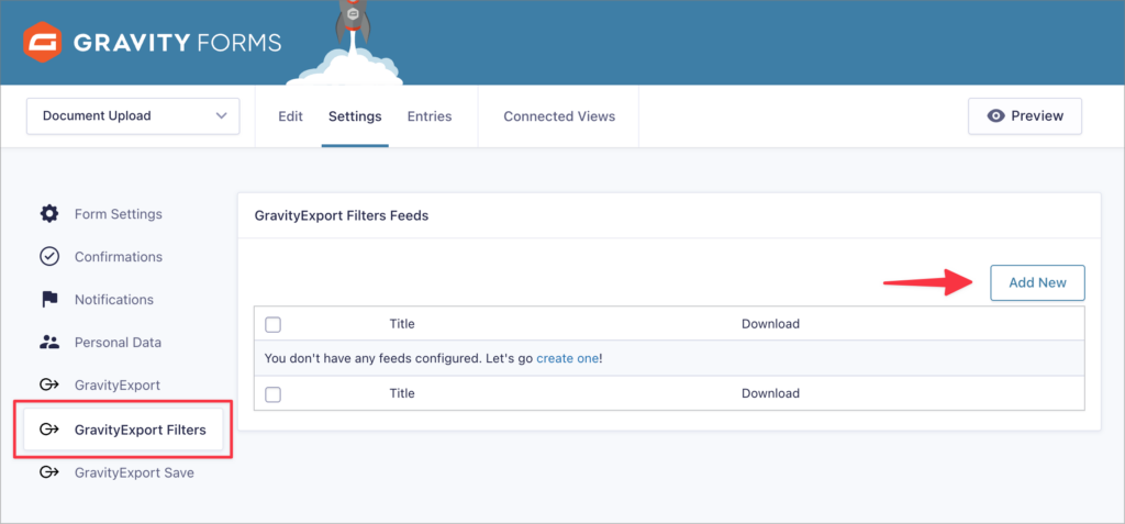 An arrow pointing to the 'Add New' button on the GravityExport Filters feed page