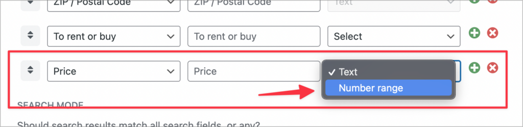 An arrow pointing to a dropdown field with two options: Text, and Number range