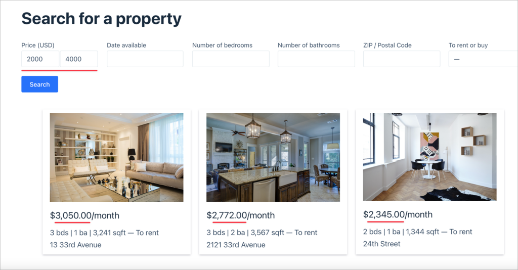 A property directory; there is a search field at the top for price showing two inputs: the minimum (which reads 2000) and maximum (which reads 4000); all property rents below are within that range.