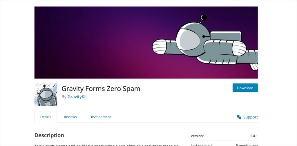 The Gravity Forms Zero Spam plugin page on WordPress.org