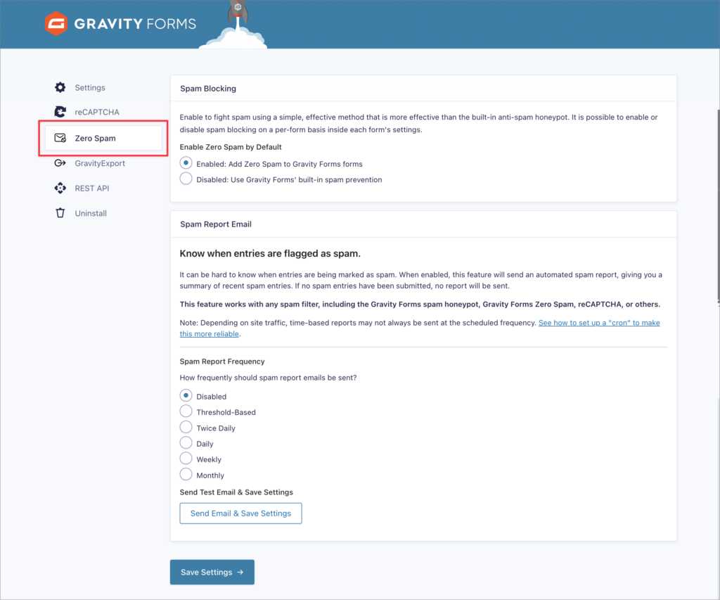 The Zero Spam settings page; this is where you can enable spam summary email reports