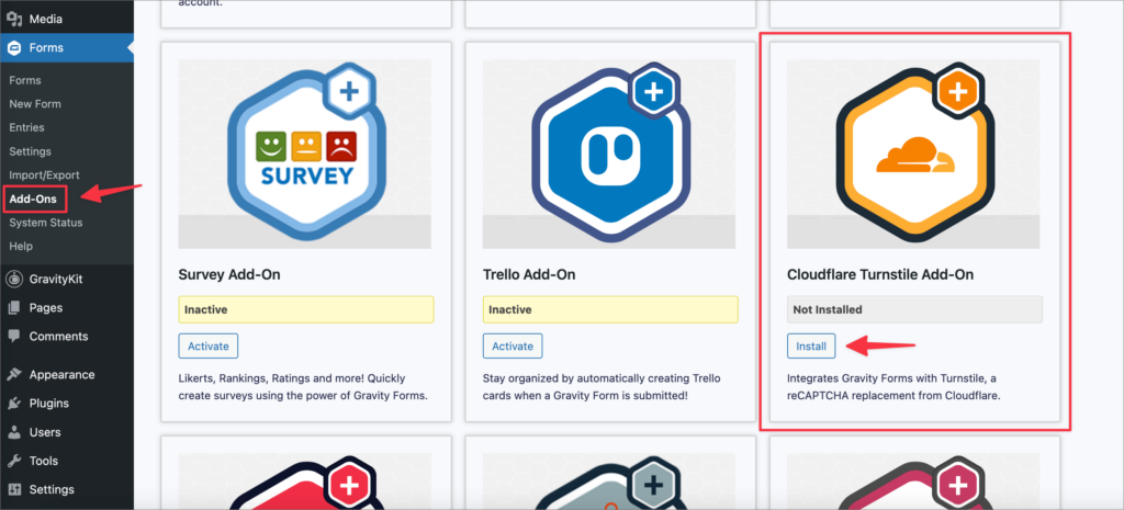 The Gravity Forms Add-Ons page in WordPress. There is an arrow pointing to the "Install" button for the Cloudflare Turnstile Add-On