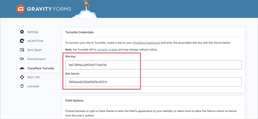 The Cloudflare Turnstile settings page in Gravity Forms; there are boxes for the site key and secret key which are highlighted